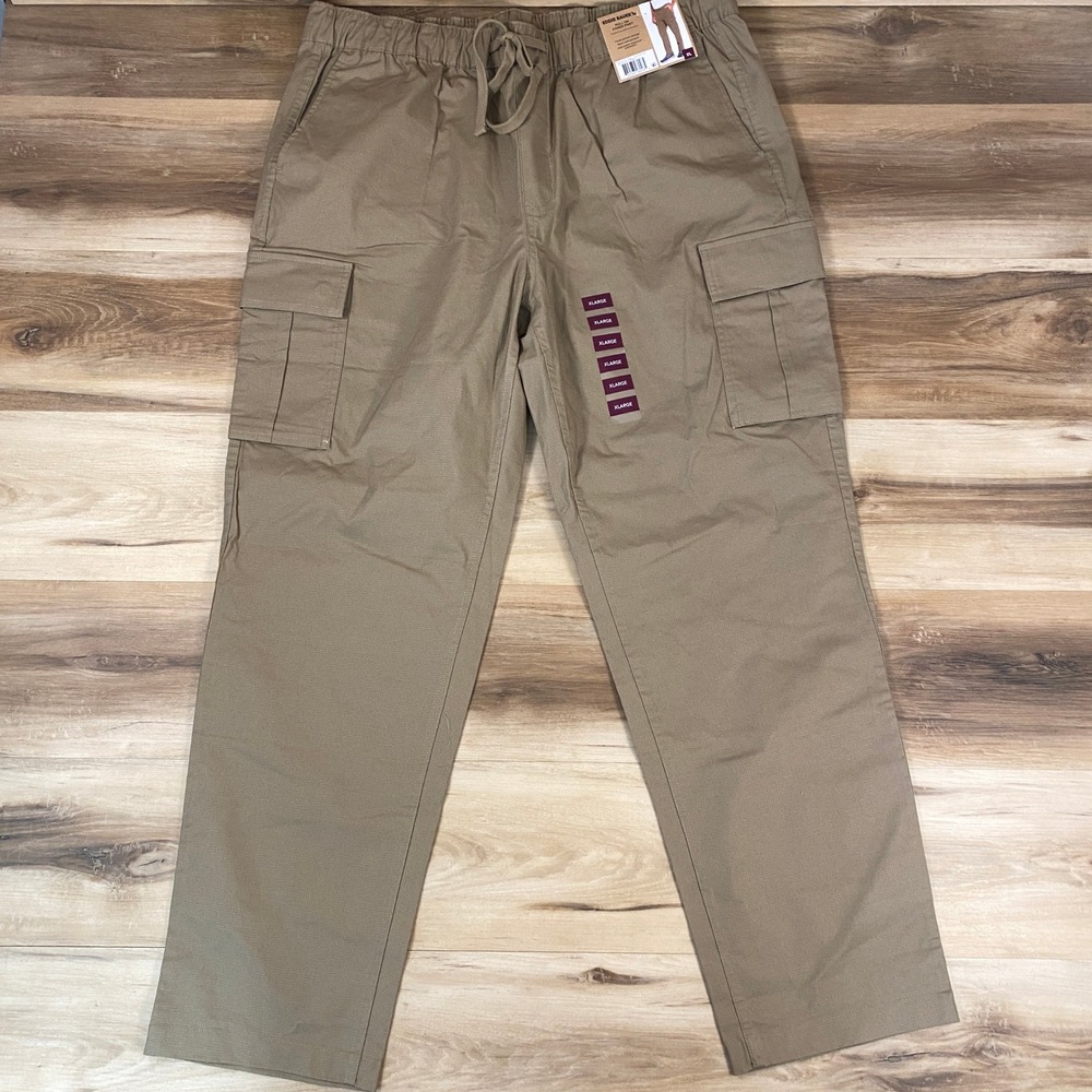 Eddie Bauer Mens XL Pull On Cargo Pants Tan Khaki Elastic Waist Cotton Stretch
